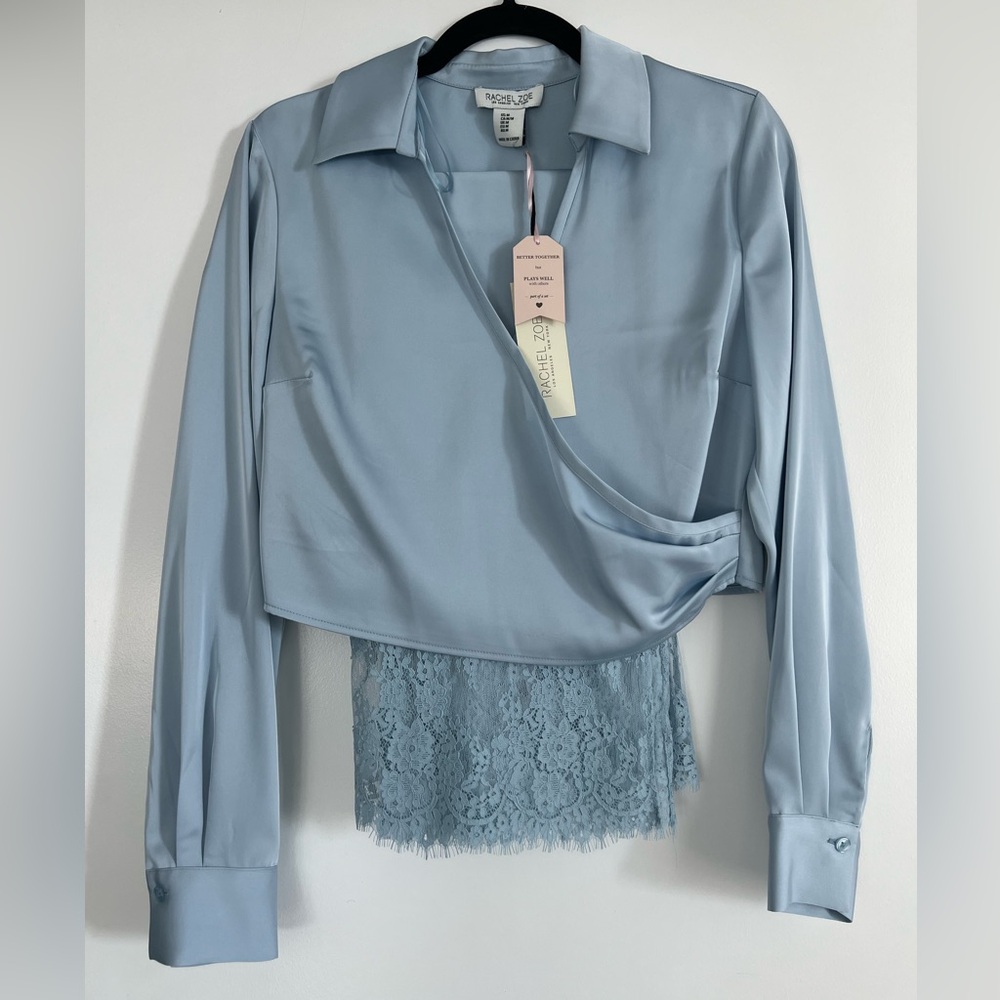 Light Blue Wrap Blouse with Skirt with Lace Detail